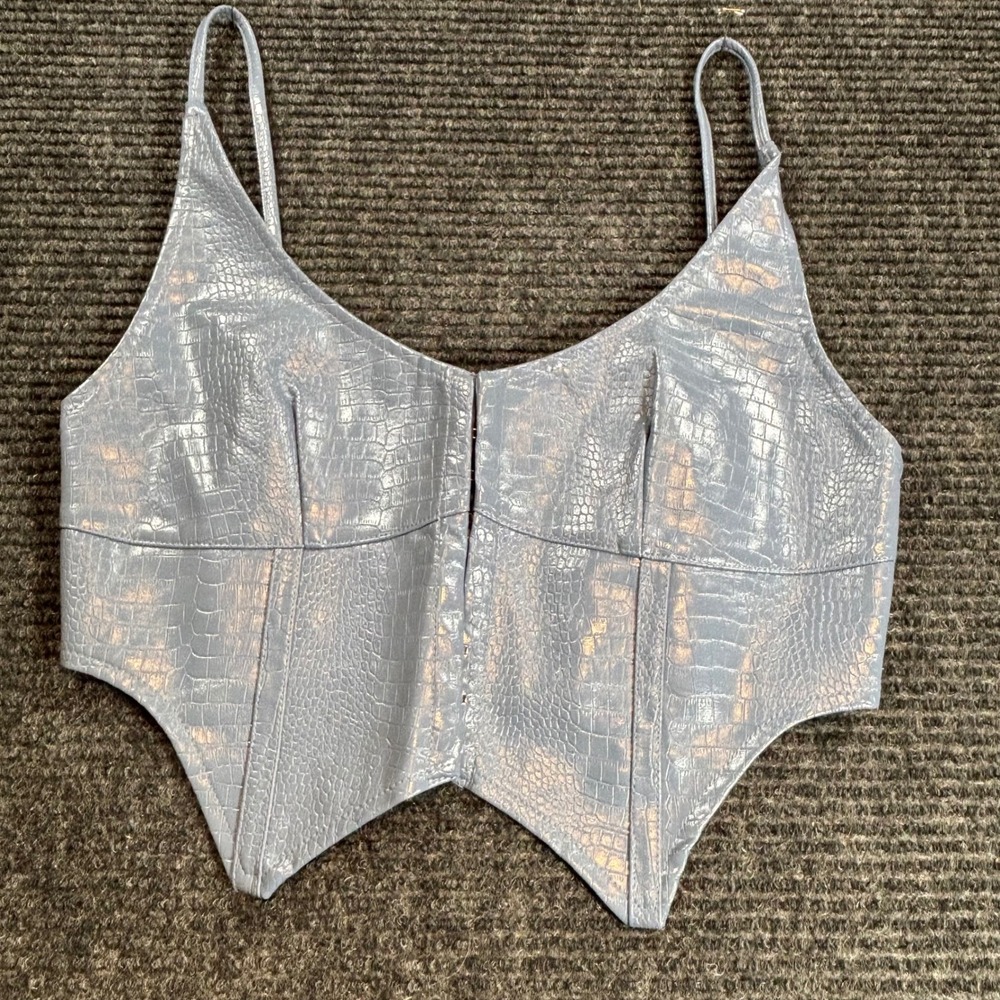 White‎ Fox Blue Croc Embossed Faux Leather Corset Crop Top Small Hook Eye Front